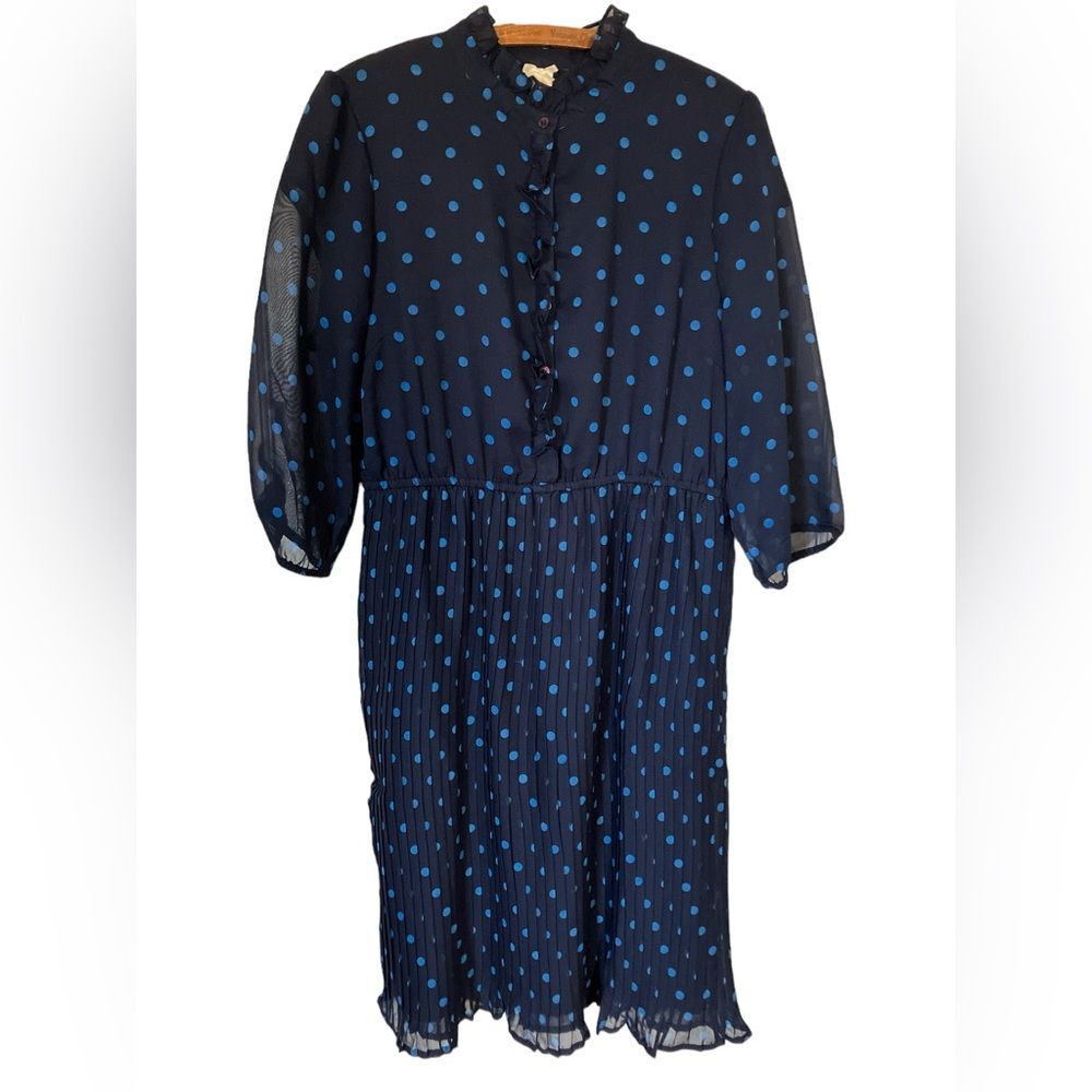 Downeast Dress Size L Pleated Polka Dot Blue Flowy